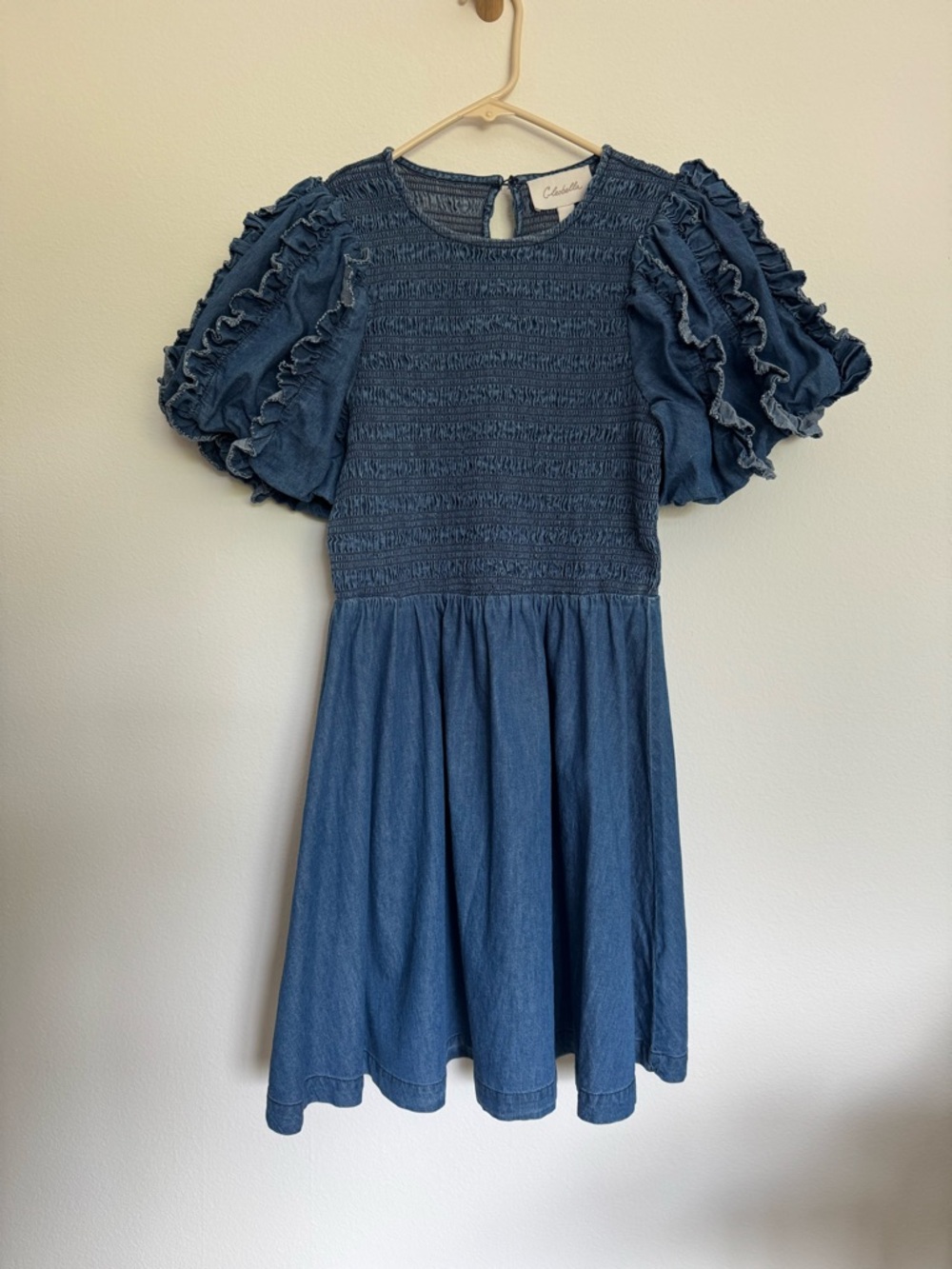 Cleobella Blue Ruffled Puff-Sleeve Denim Dress